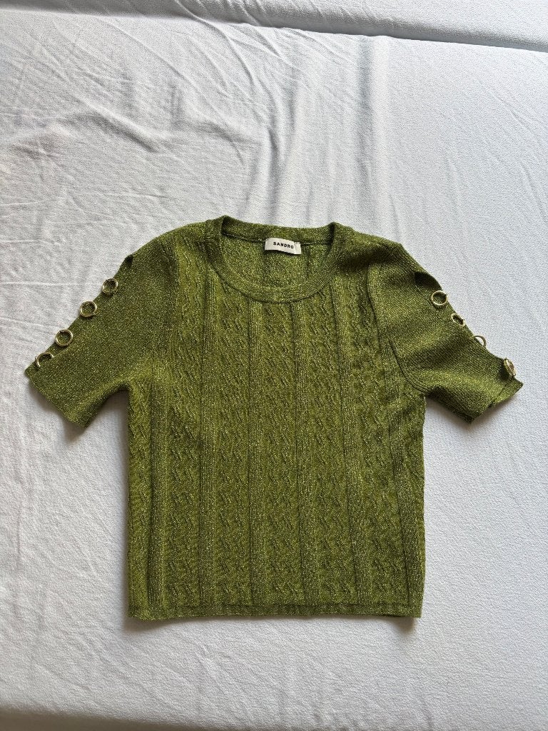 Sandro topje groen met glitters en gouden sierknopen, Kleding | Dames, Verzenden, Sandro, Zo goed als nieuw, Korte mouw
