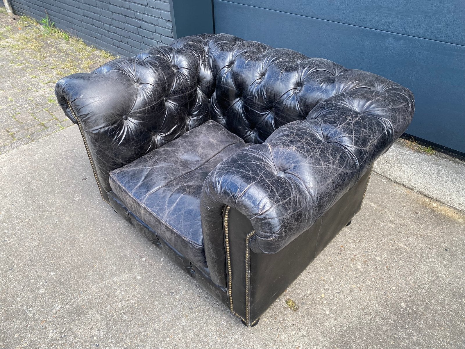 Stoere XL Chesterfield club fauteuil vintage zwart, Ophalen, Eenpersoons, 75 tot 100 cm, Zo goed als nieuw