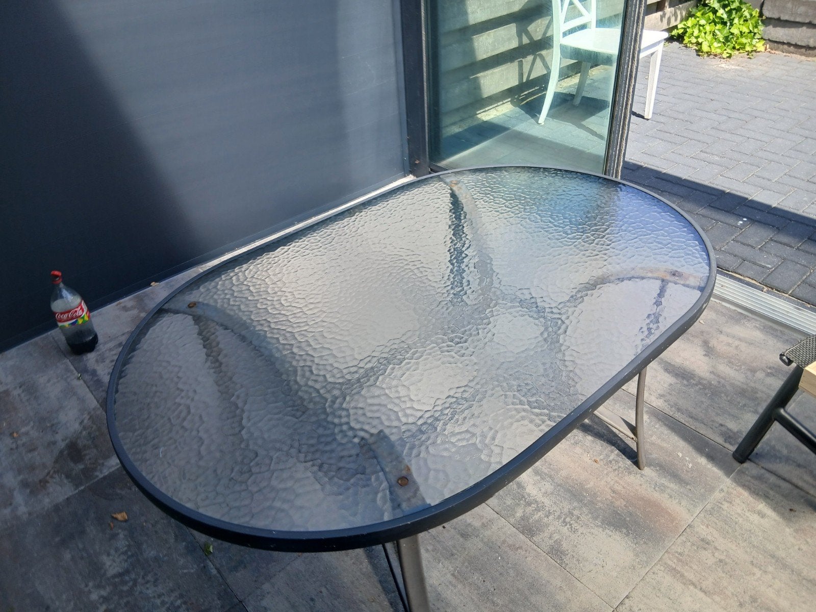 Vintage tuintafel - ovaal met glasplaat, Ophalen, Zo goed als nieuw, Ovaal, Metaal