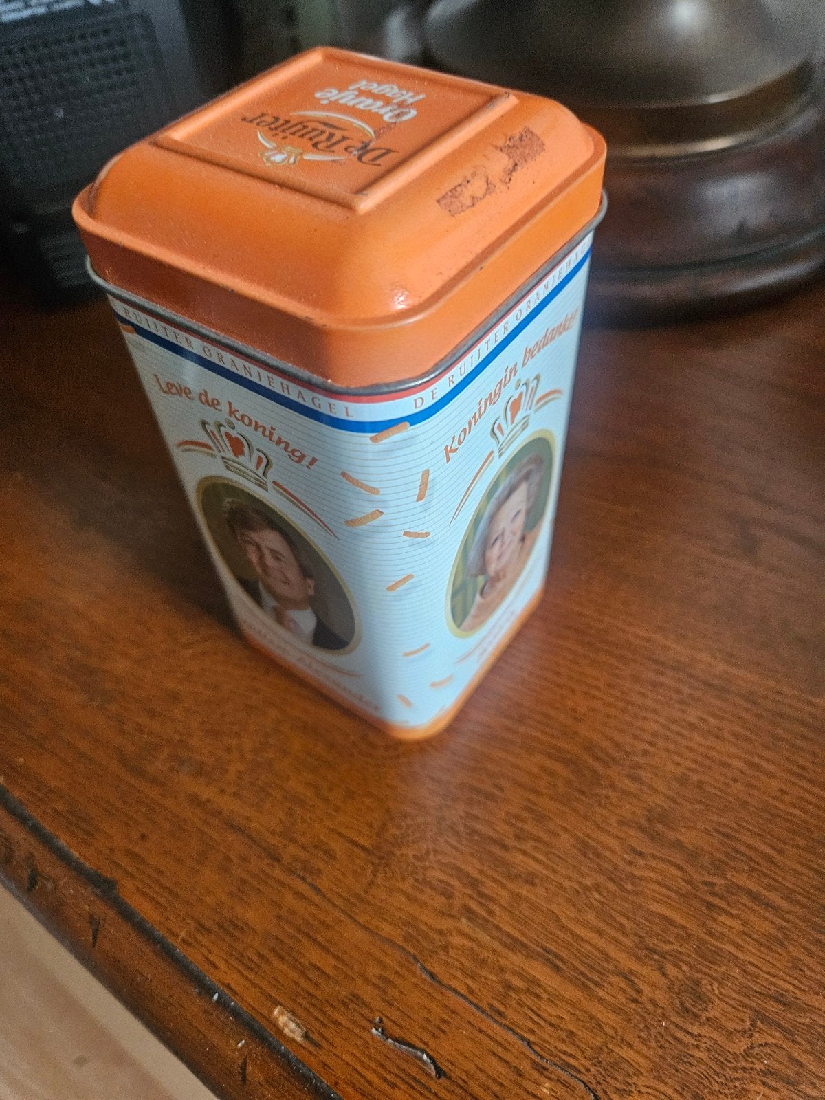 De Ruijter Oranjehagel blik Koning en Koningin, Verzamelen, Blikken, Ophalen, Gebruikt, Overige, Overige merken