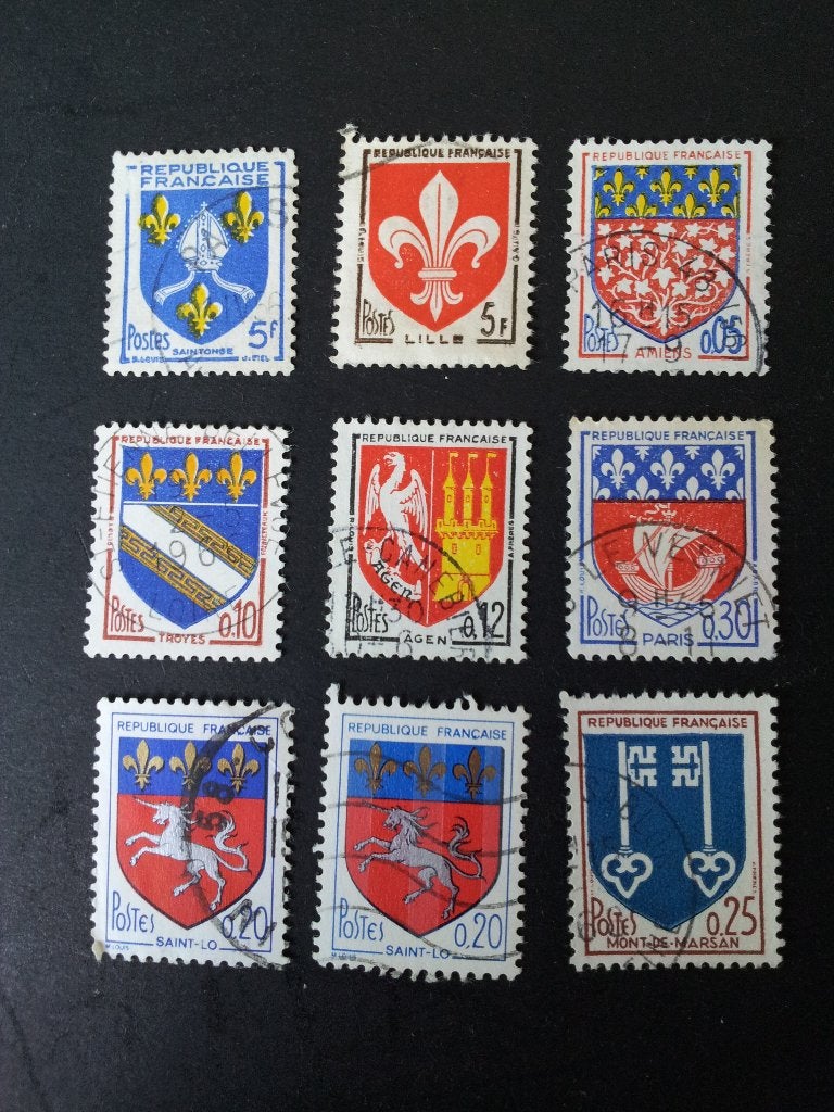 Frankrijk wapenschilden heraldiek 1954-66 gestempeld, Ophalen of Verzenden, Gestempeld
