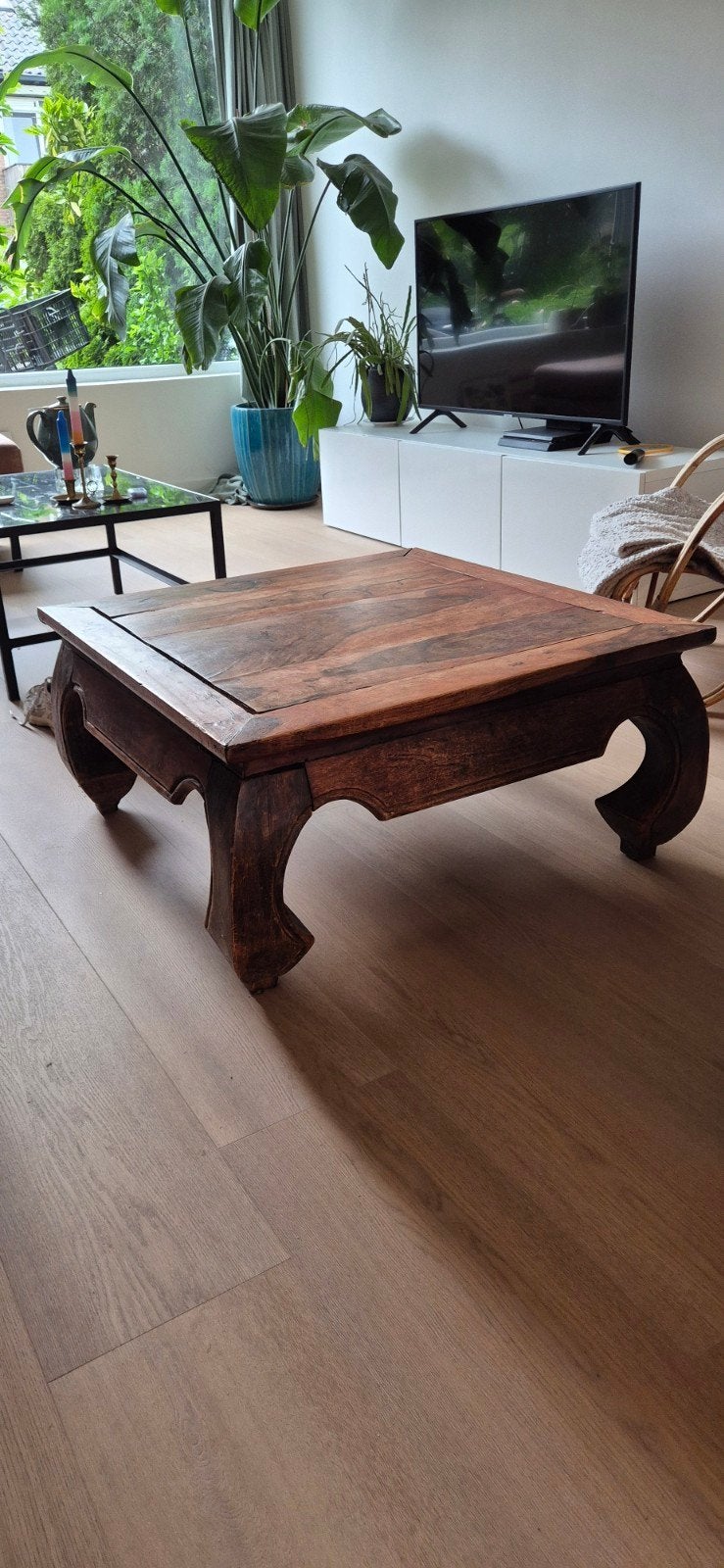 Unieke houten salontafel, handgesneden details, Ophalen, Gebruikt, Vierkant, Vintage, Aziatisch, Rustiek
