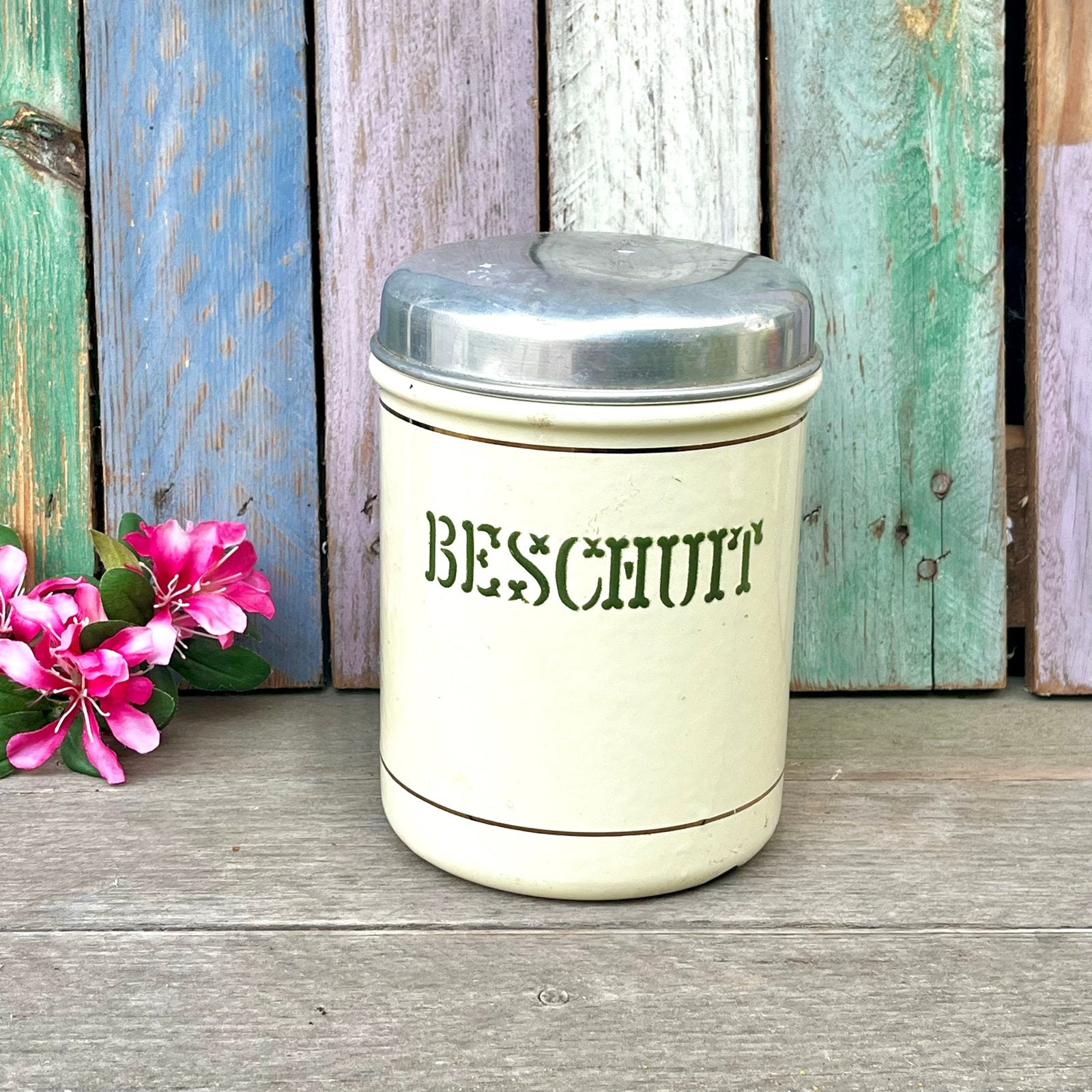 Vintage emaille blikken crème beschuitbus retro, Antiek en Kunst, Ophalen of Verzenden