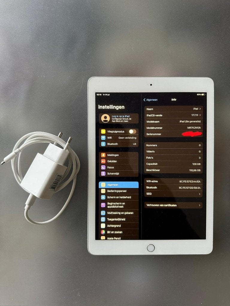 Apple iPad 6e generatie 128GB WiFi + Oplader, Gebruikt, Apple iPad, 128 GB, Wi-Fi