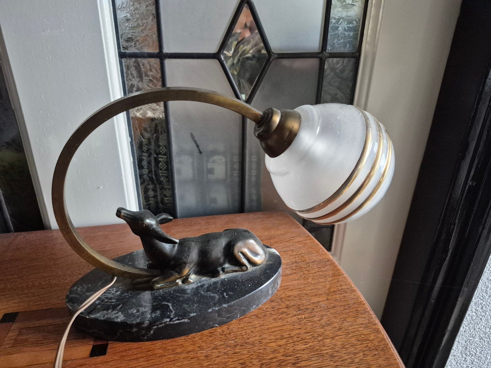 Prachtige Art Deco Lamp met Hertje, Marmer en Brons, Ophalen of Verzenden