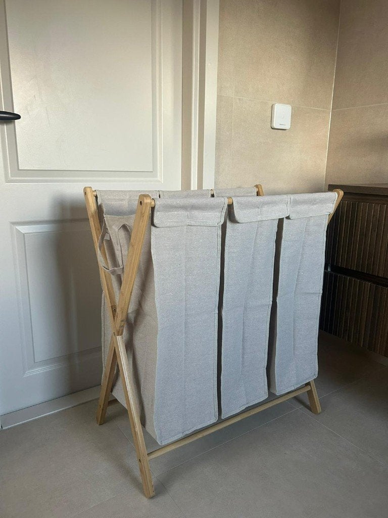 Wasmand 3 Vaks Bamboe Beige Waszakken  GRATIS Waszakjes, Ophalen of Verzenden, Nieuw, Beige, Overige typen