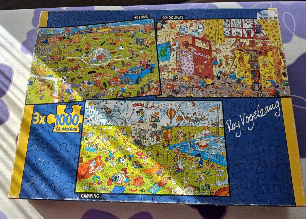 3x 1000 stukjes puzzels–Roy Vogelzang–Voetbal/School/Camping, Ophalen of Verzenden, 500 t/m 1500 stukjes, Gebruikt, Legpuzzel