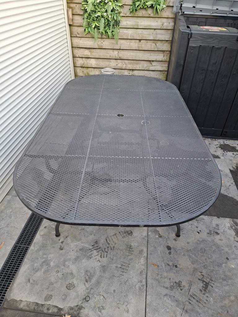Gietijzeren tuinset met 6 stoelen en grote tafel, Tuin en Terras, Ophalen, Overige materialen, Gebruikt, Eettafel