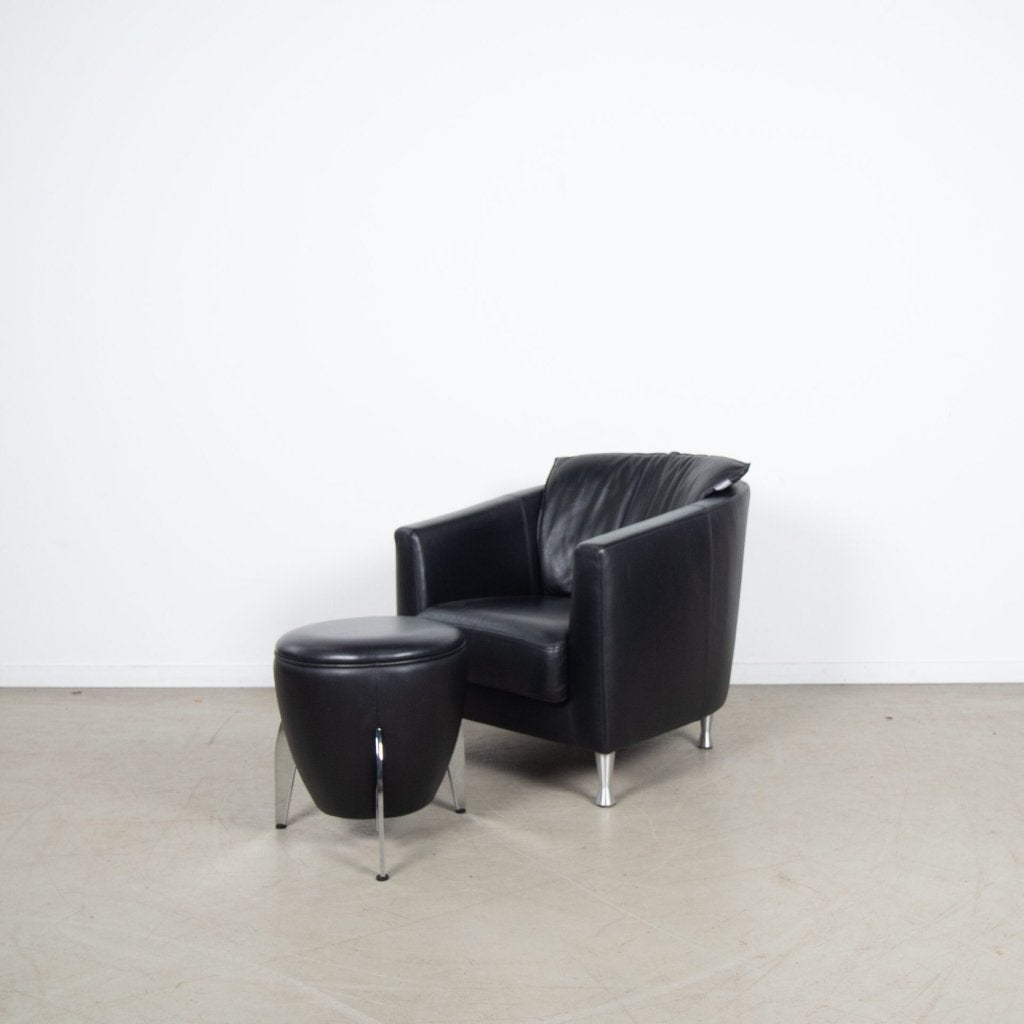 Artanova Fauteuil Zwart Leer + Hocker, Niet ingevuld, Zo goed als nieuw, Niet ingevuld, Niet ingevuld