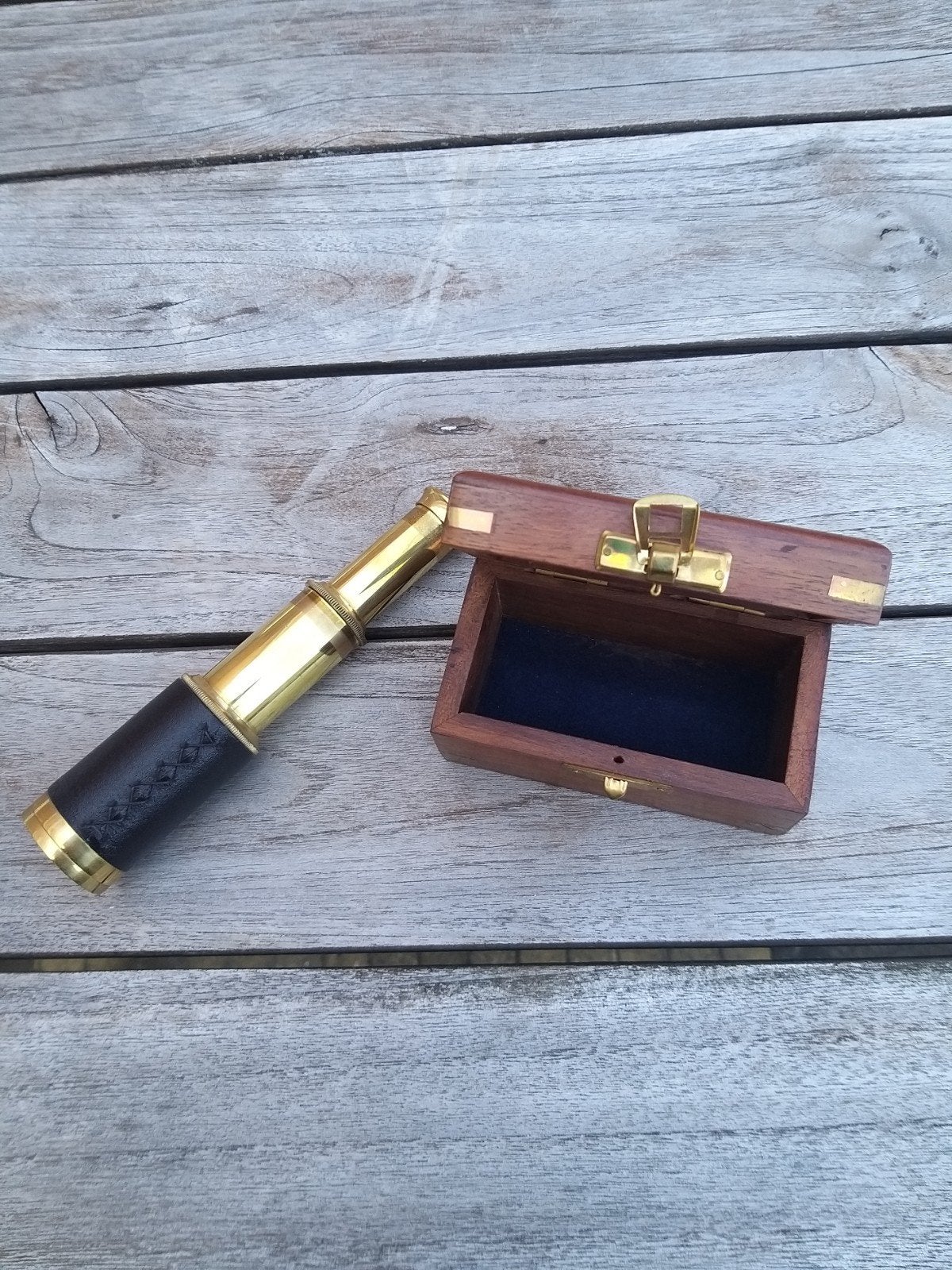 Antieke Messing Monoculair met Leren Grip en Houten Kistje, Audio, Tv en Foto, Optische apparatuur | Telescopen, Ophalen of Verzenden