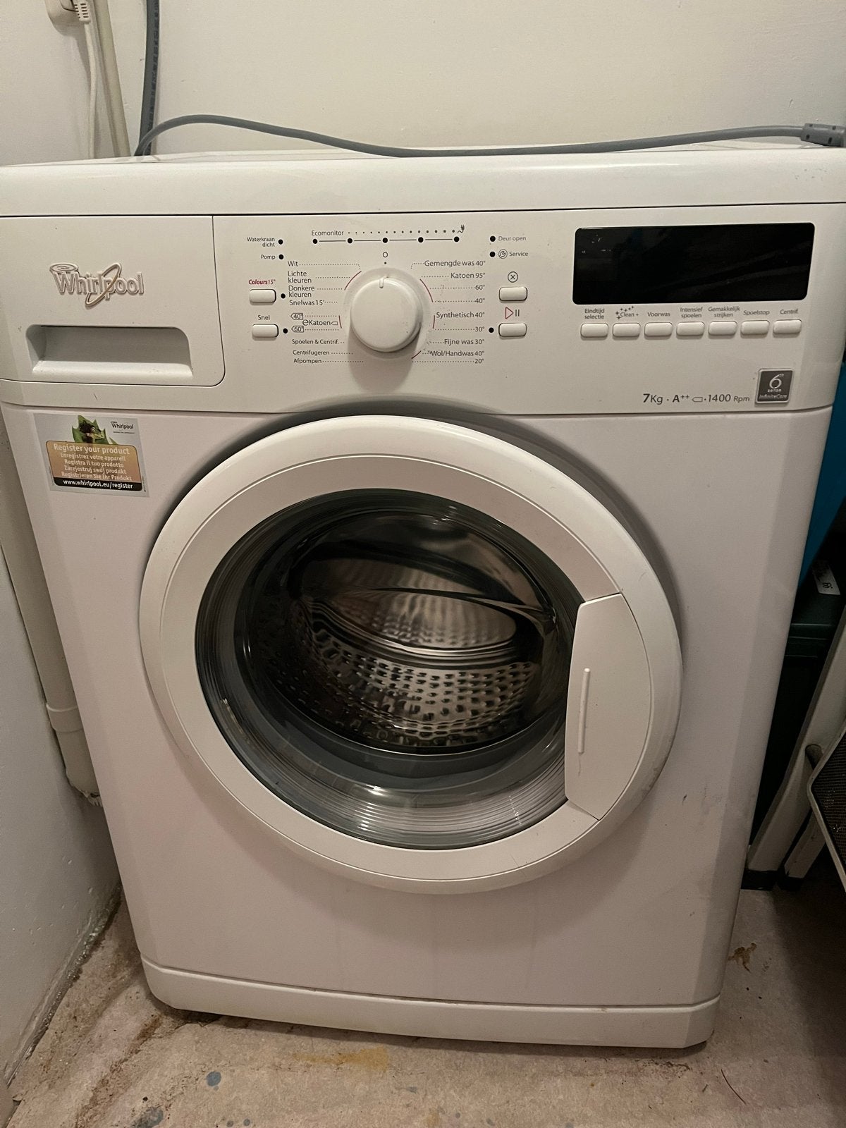 Whirlpool wasmachine 7kg, 1400 toeren, Energieklasse A, Ophalen, Gebruikt, 85 tot 90 cm, 1200 tot 1600 toeren