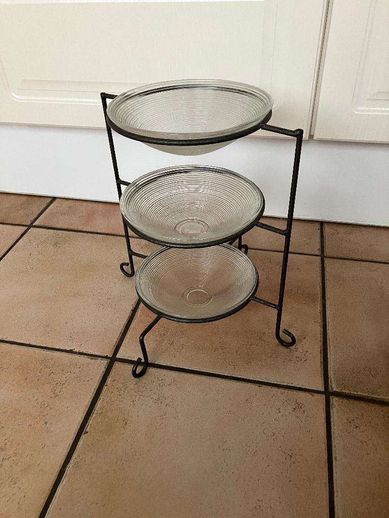 Etagère net drie glazen schaaltjes in metalen houder, Ophalen of Verzenden, Gebruikt