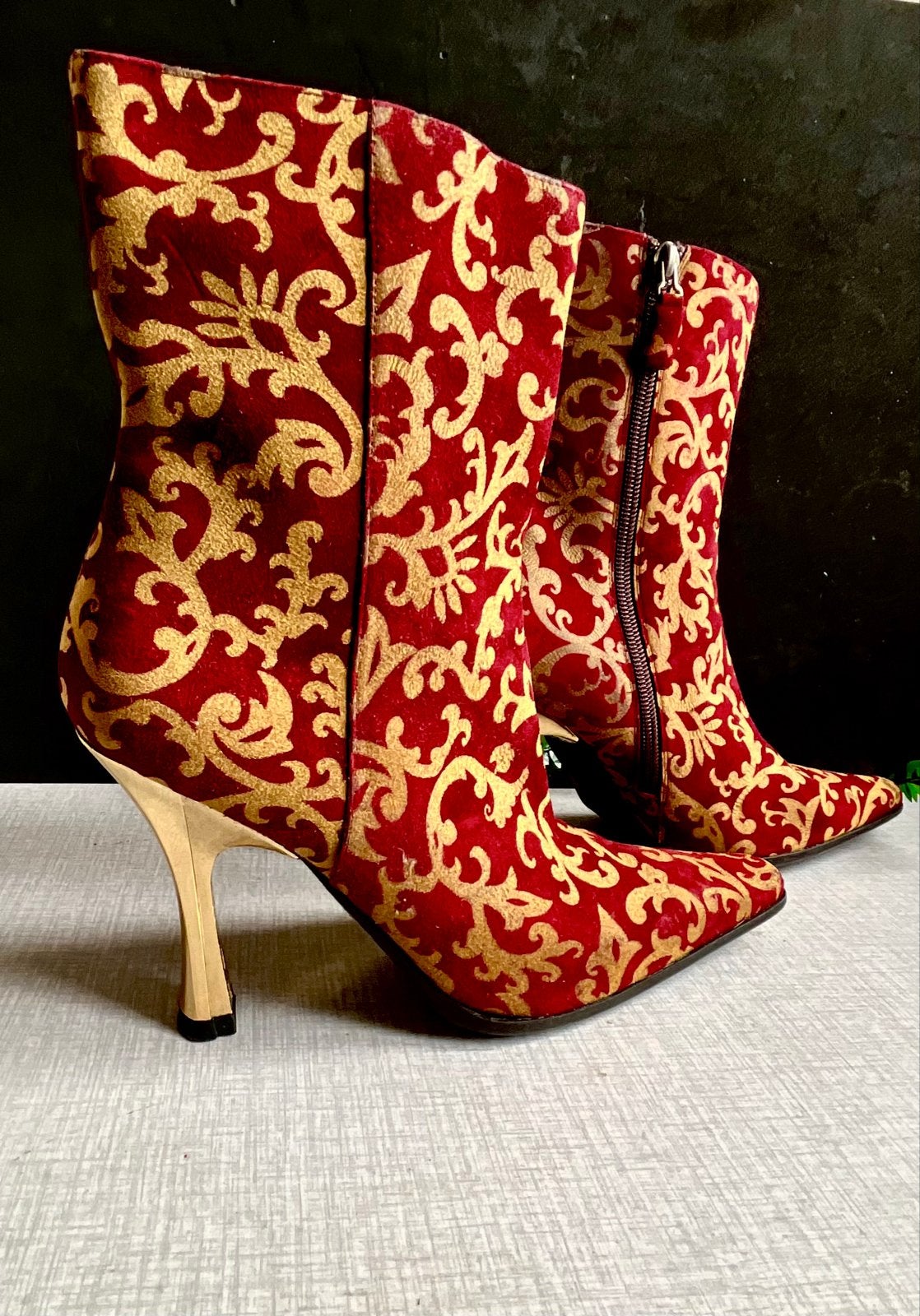 Vintage laarsjes met gouden patroon M 38, Kleding | Dames, Schoenen, Verzenden, Zo goed als nieuw, Rood, Lage of Enkellaarzen