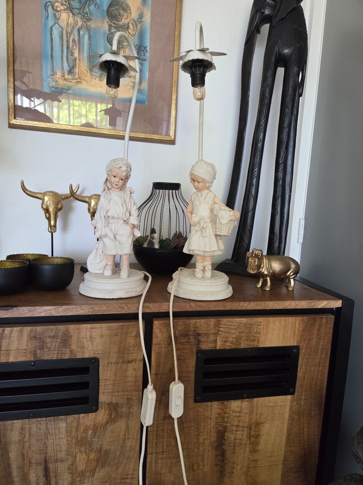 Set van 2 vintage tafellampen met kinderfiguren, Huis en Inrichting, Lampen | Overige, Ophalen of Verzenden