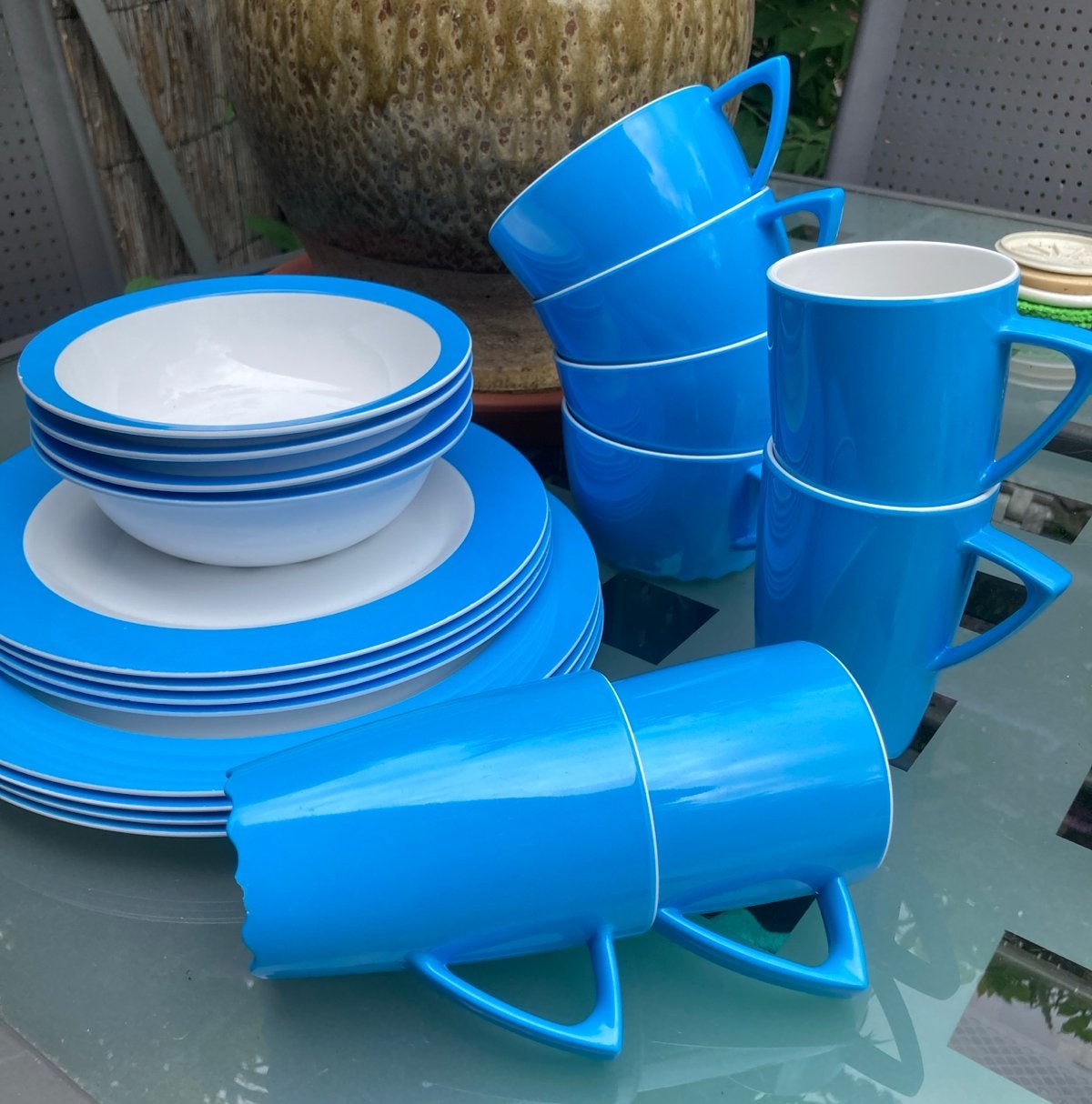 Mepal camping servies - 4 personen - blauw/wit, Caravans en Kamperen, Kampeeraccessoires, Ophalen of Verzenden, Gebruikt