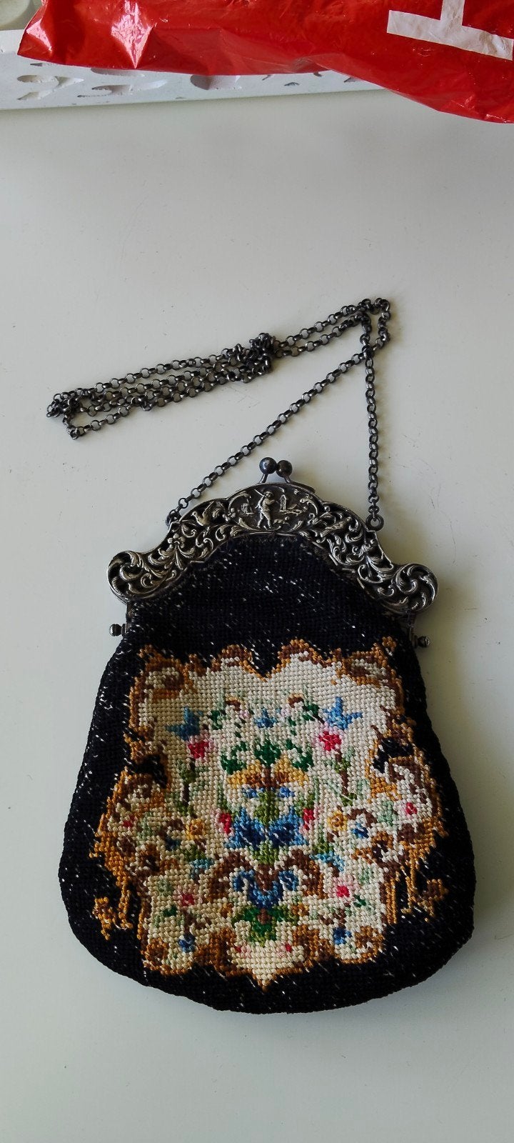 Antiek zilvere beugeltas geborduurd uit 1916, Antiek en Kunst, Ophalen of Verzenden
