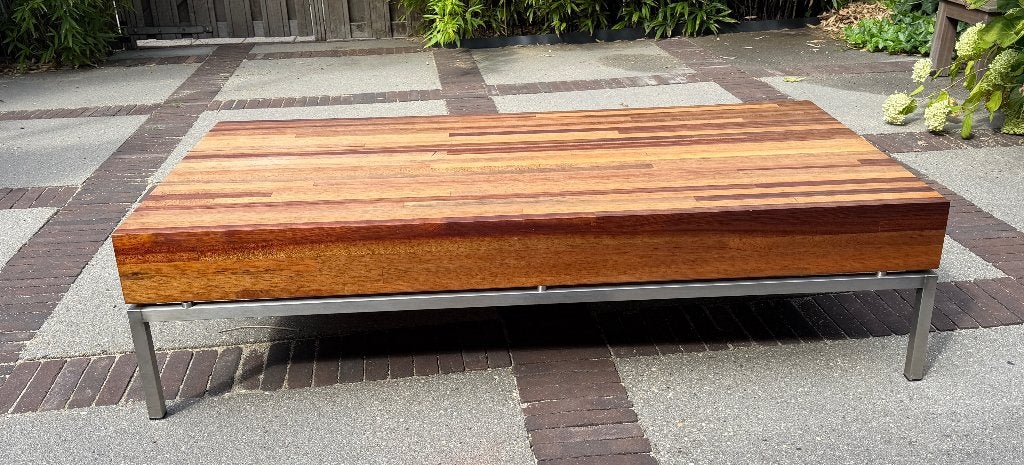 Salontafel van Hardhout en RVS | 145 x 75cm, Gebruikt, 100 tot 150 cm, 50 tot 100 cm, Modern industrieel