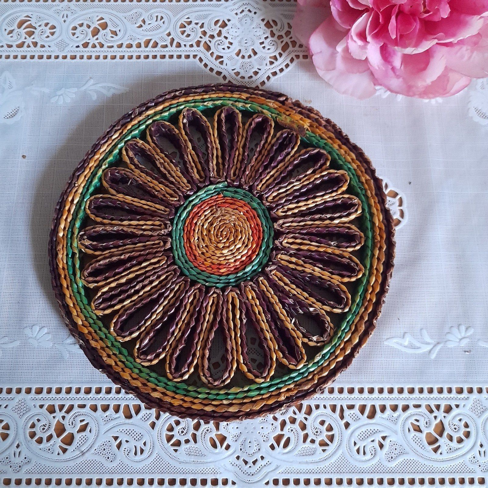 Vintage retro raffia onderzetter NR 3, Ophalen of Verzenden