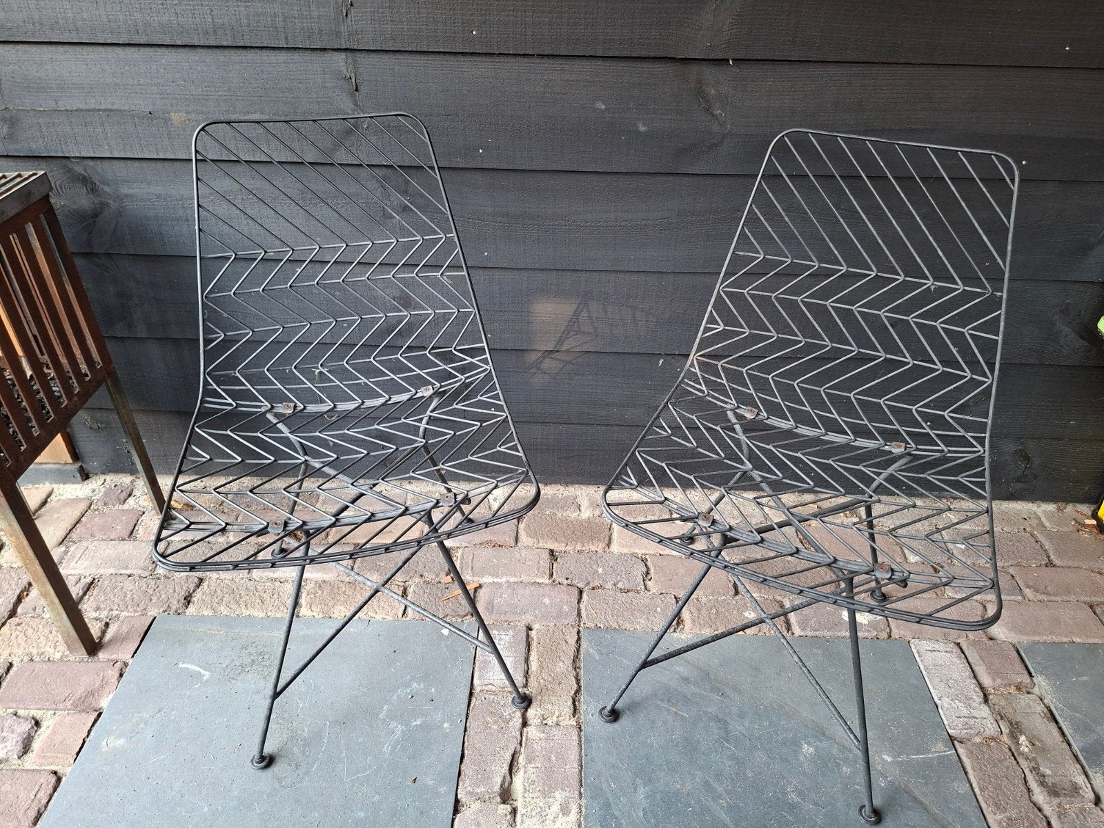 2 Stalen zwarte tuinstoelen, Overige materialen, Gebruikt, Stoel, Tuinset