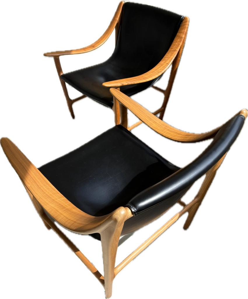 Giorgetti 2 v Italiandesign stoelen, zwart leer & hout, Ophalen, Gebruikt, Twee, Zwart