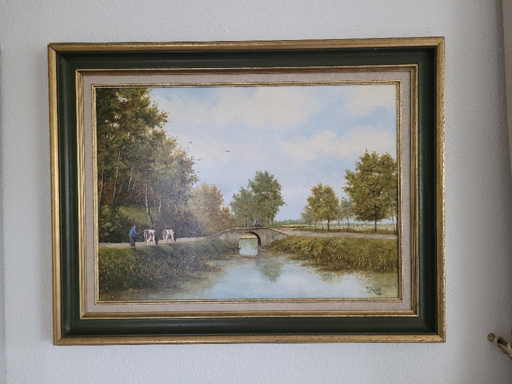 Paneel gesign. r.o. J. Kievit 'Boer met koeien langs vaart', Ophalen, Paneel, Olieverf, Klassiek