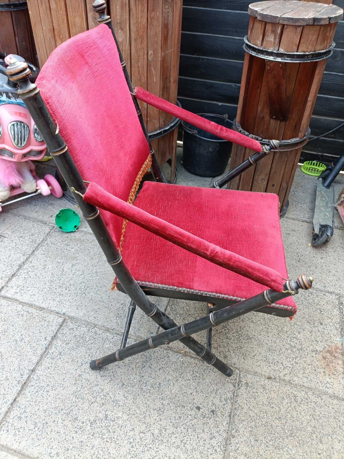 Antieke opvouwbare stoel met rood fluweel, Ophalen of Verzenden