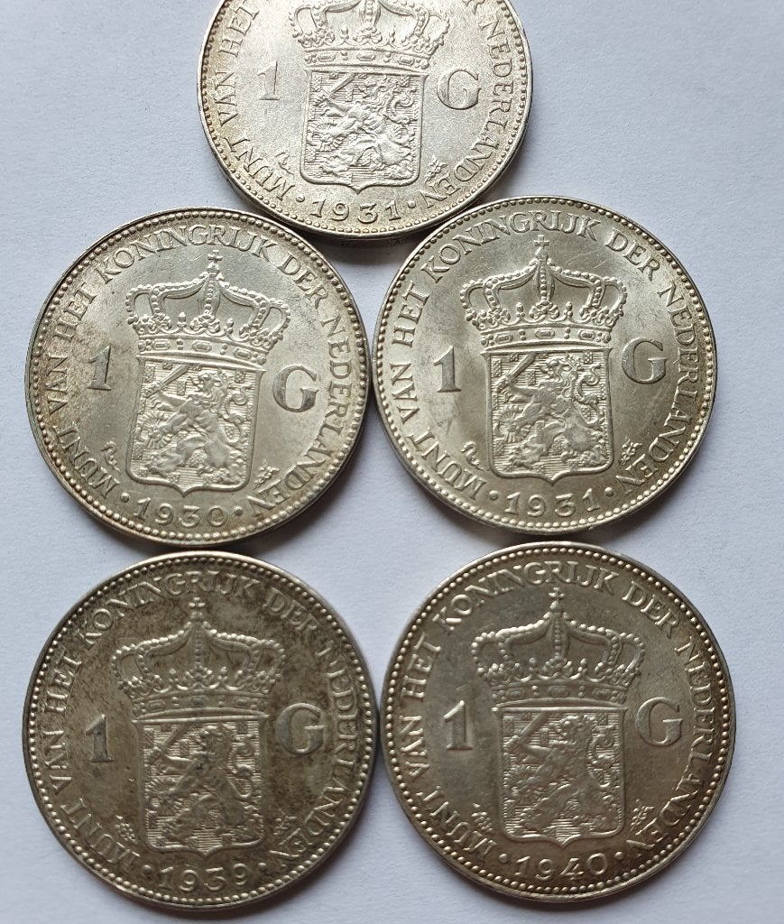 5 keer 1 gulden Wilhelmina zilver stempelglans, 1 gulden, Zilver, Koningin Wilhelmina, Verzenden