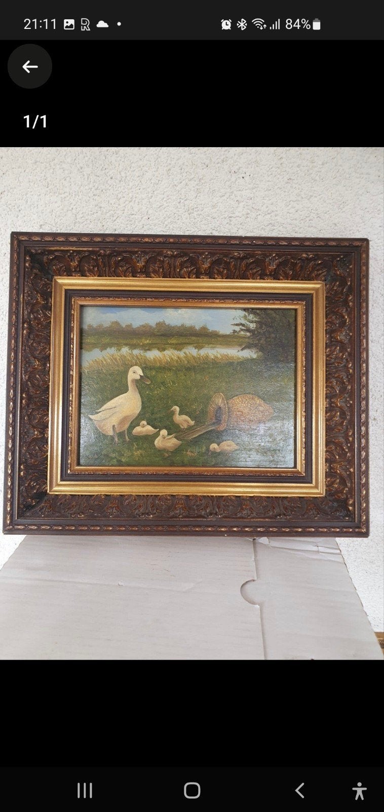 Olieverfschilderij Eendenfamilie aan de waterkant, Antiek en Kunst, Ophalen