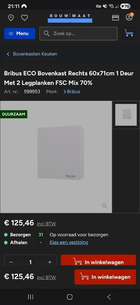Bribus bovenkast, Ophalen, Wit, Nieuw, 50 tot 100 cm
