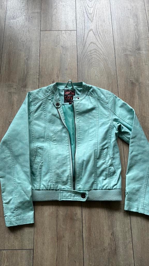 Groen/blauw leren jasje maat 164, Kinderen en Baby's, Kinderkleding | Maat 164, Ophalen of Verzenden, Zo goed als nieuw, Meisje