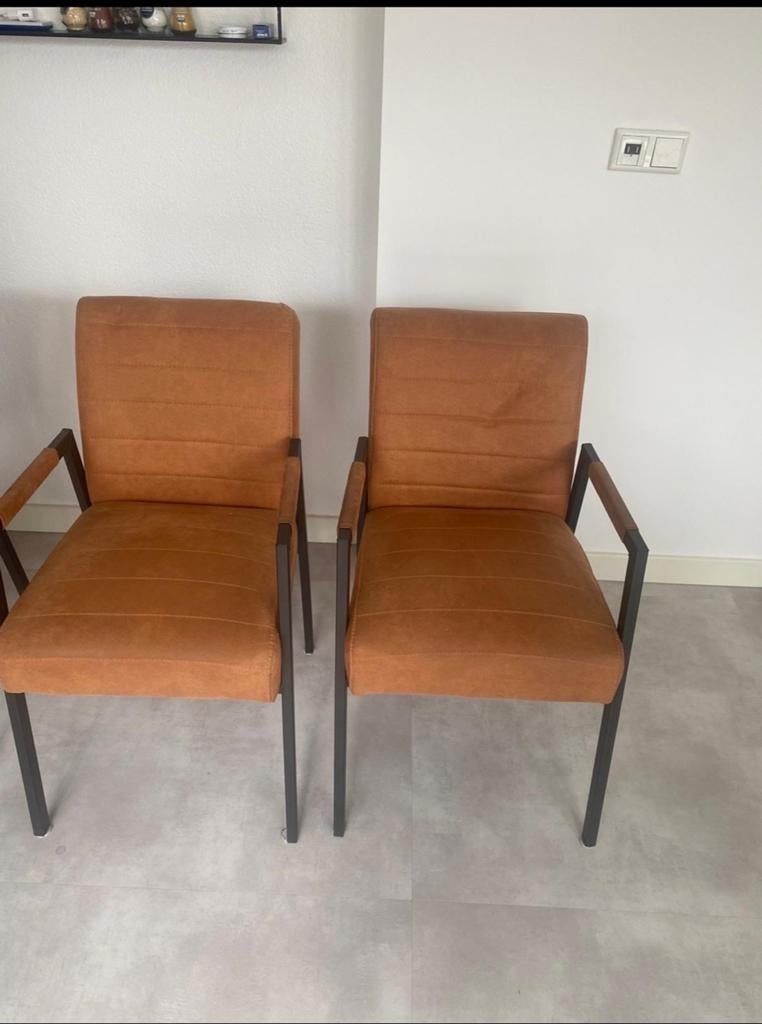 Set van 2 stoelen - Bruin met metalen frame, Huis en Inrichting, Stoelen, Ophalen, Gebruikt, Twee, Bruin