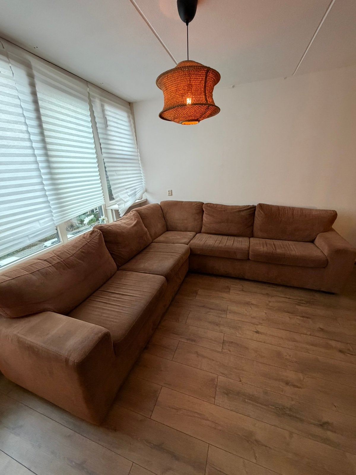 Ribstof Hoekbank Bruin/Cognac, Ophalen, Zo goed als nieuw