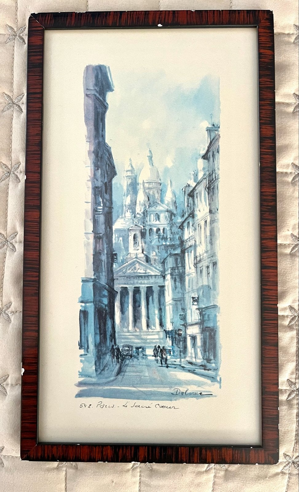 Vintage aquarel van Delorme , Parijs - Le Sacré-Cœur, Antiek en Kunst, 1950 - 1999, Ophalen of Verzenden, Gesigneerd, Overige technieken