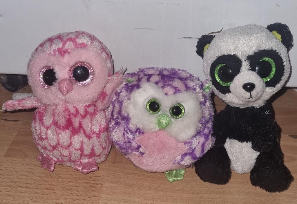 Leuke knuffels met glitterogen - Uil en Panda, Gebruikt, Overige typen, Ophalen of Verzenden, Roze