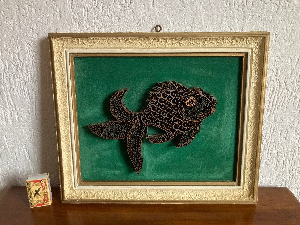 Schilderijtje met batik stempel vis visje op fluweel doek, Ingelijst, Schilderij, Ophalen of Verzenden, Groen