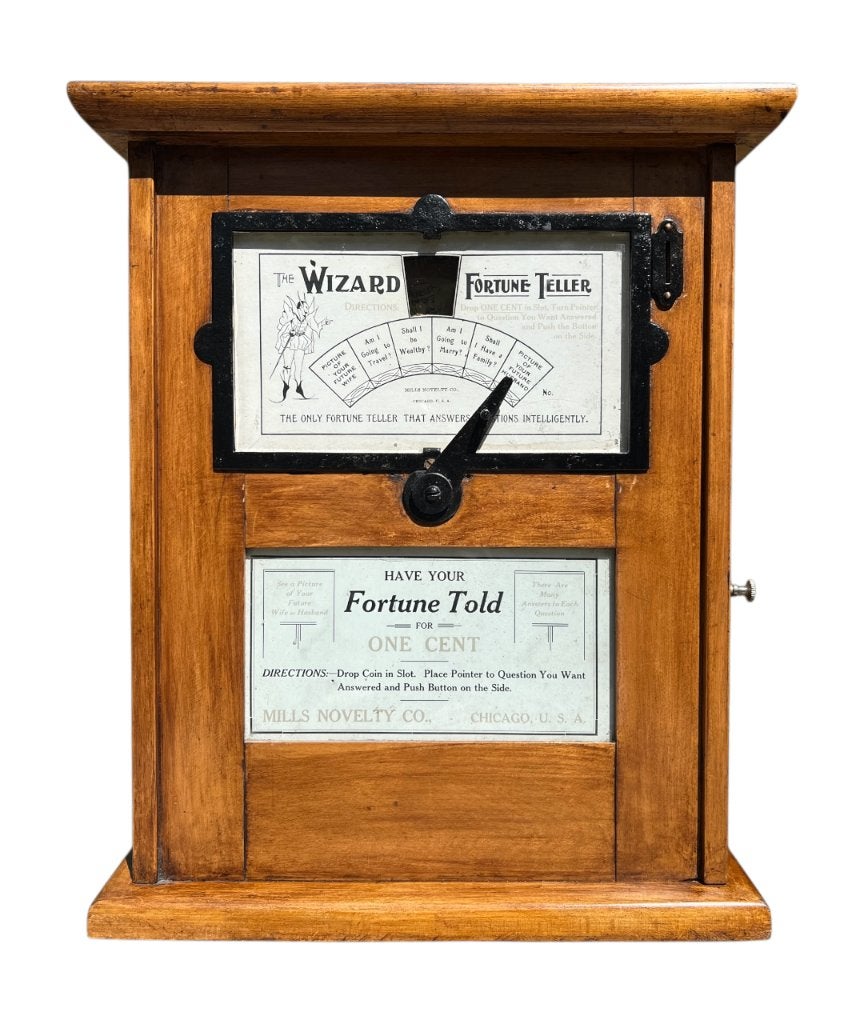The Wizard Fortune Teller - Mills 1904 waarzeggersautomaat, Verzamelen, Overige munten, Ophalen, Gebruikt, Met sleutels