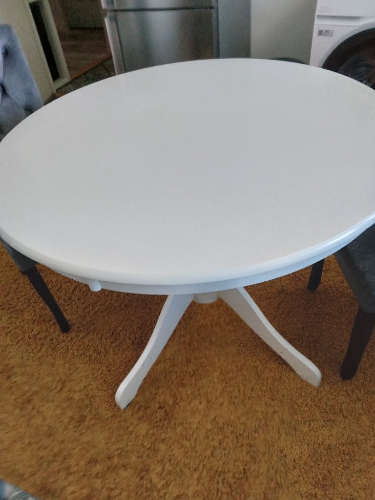 Witte ronde eettafel op krulpoten 100cm, Ophalen, 50 tot 100 cm, 100 tot 150 cm, Rond