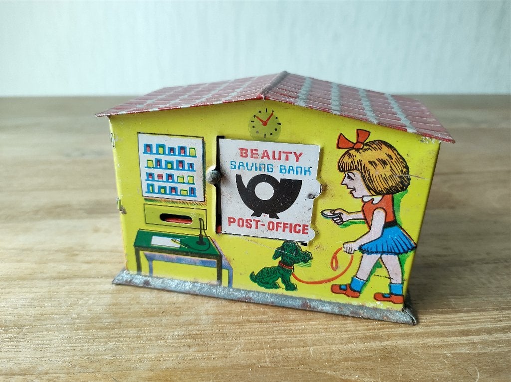 antieke oude blikken spaarpot beauty saving bank post office, Verzamelen, Ophalen of Verzenden, Gebruikt, Metaal of Blik, Overige thema's