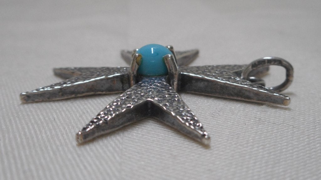 Zilveren vintage Maltezer kruis hanger met turquoise nr.918, Verzenden, Zo goed als nieuw, Kruis of Symbool, Zilver