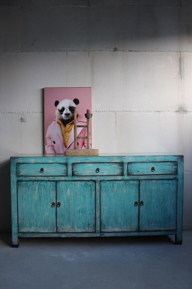 Uniek Chinees Houten Dressoir Vintage Style Turquoise Kast, Ophalen of Verzenden, Nieuw