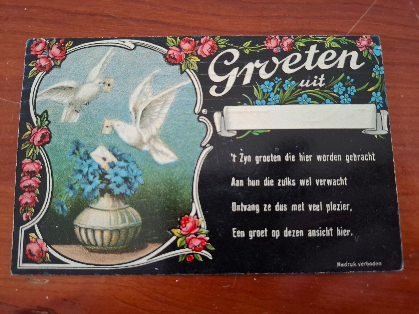 Ansichtkaart Groeten uit witte duiven vergeetmenietjes rijm, Verzamelen, Ophalen of Verzenden, Voor 1920, Gelopen, Overige thema's