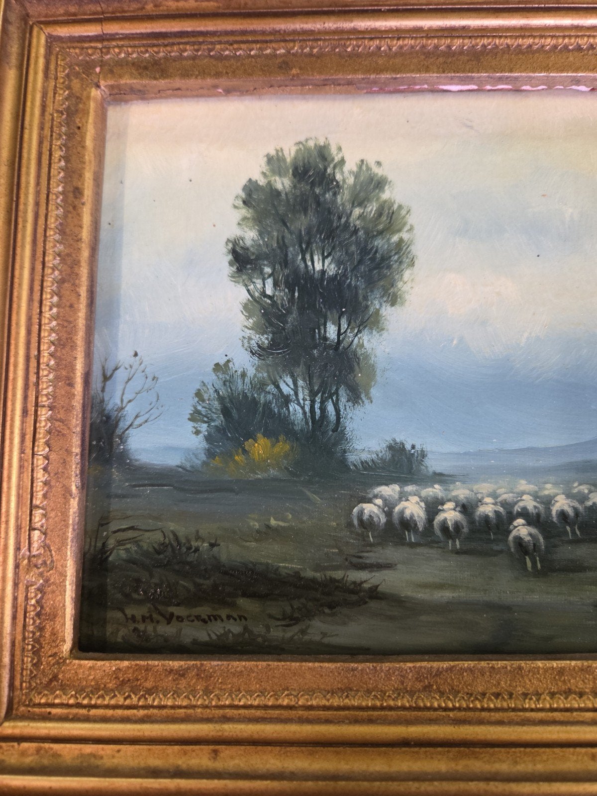 landschap op houten paneel schapen HM Voerman, Ophalen of Verzenden, Landschap