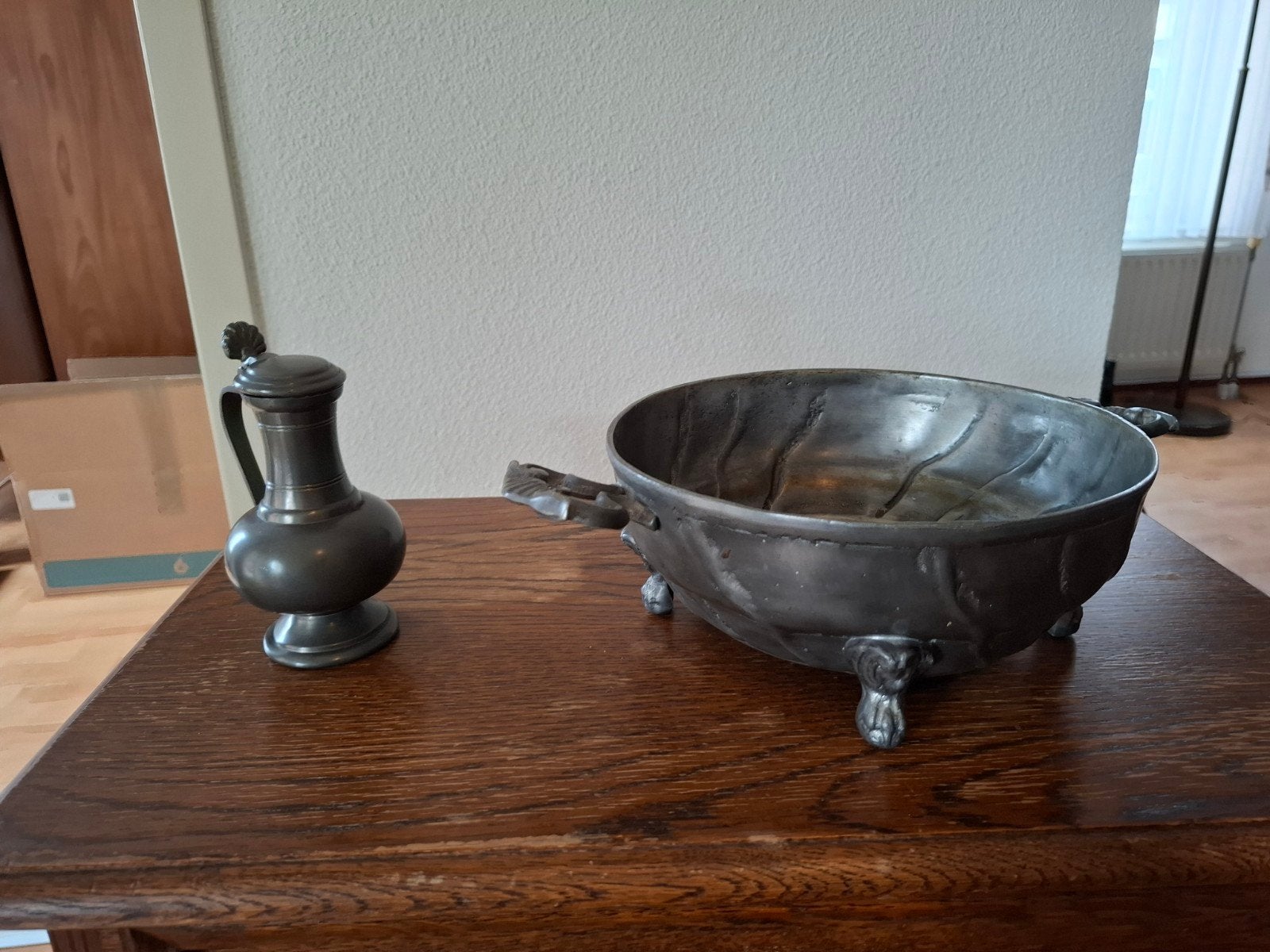 Antiek tinnen kannetje en schaal - Decoratief set, Ophalen
