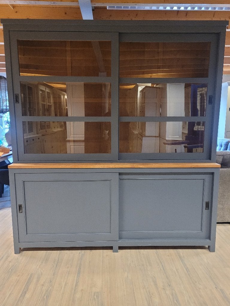ACTIE Mooie Landelijke Grijze Buffetkast/ Winkelkast (2648B), 200 cm of meer, Glas, Landelijke buffetkast winkelkast teak hout grijs
