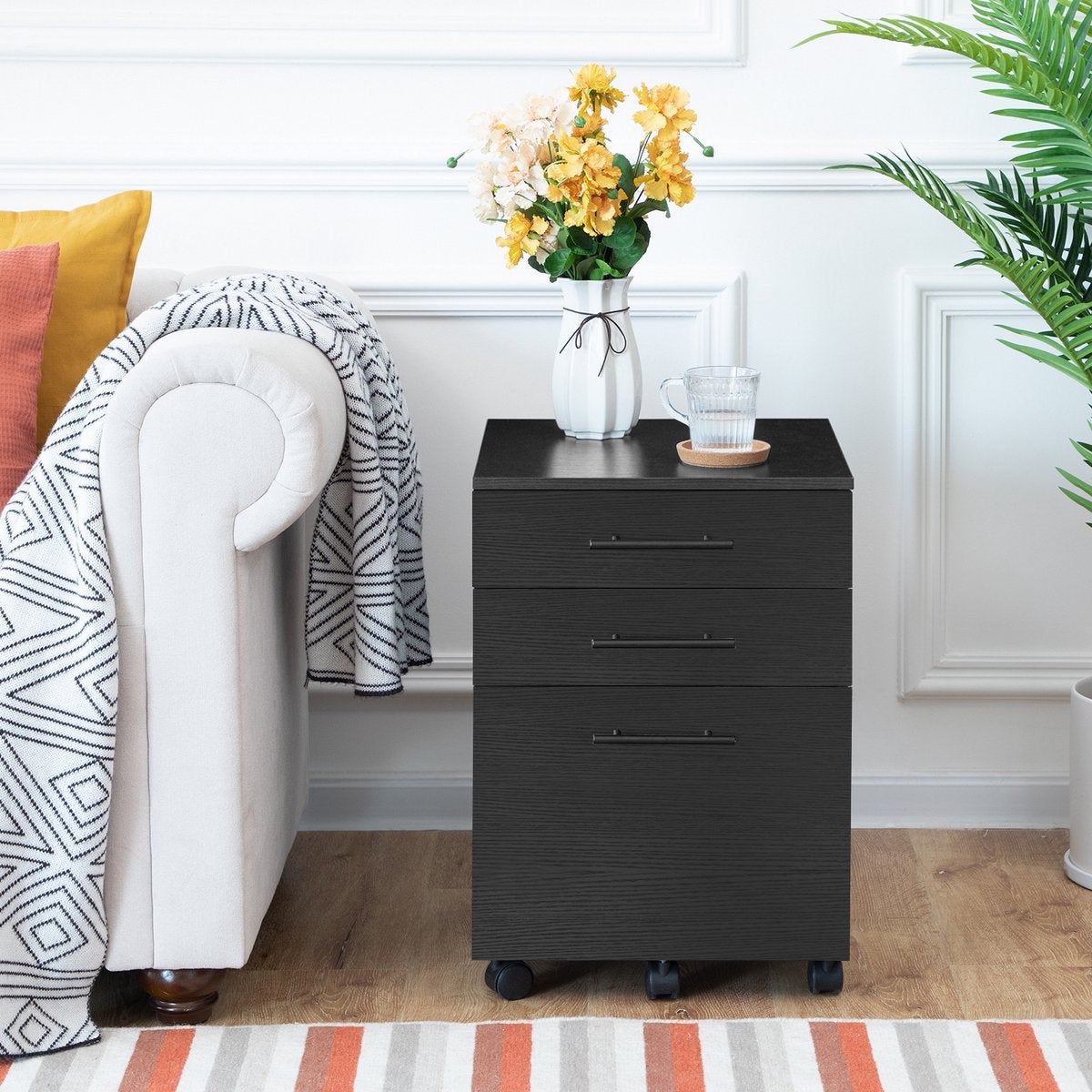 Ladeblok Bureau met Wielen-40x40x57,5-Zwart-3 Lades-Hout, Huis en Inrichting, Kasten | Ladekasten, Ophalen, Eikenhout, 50 tot 100 cm