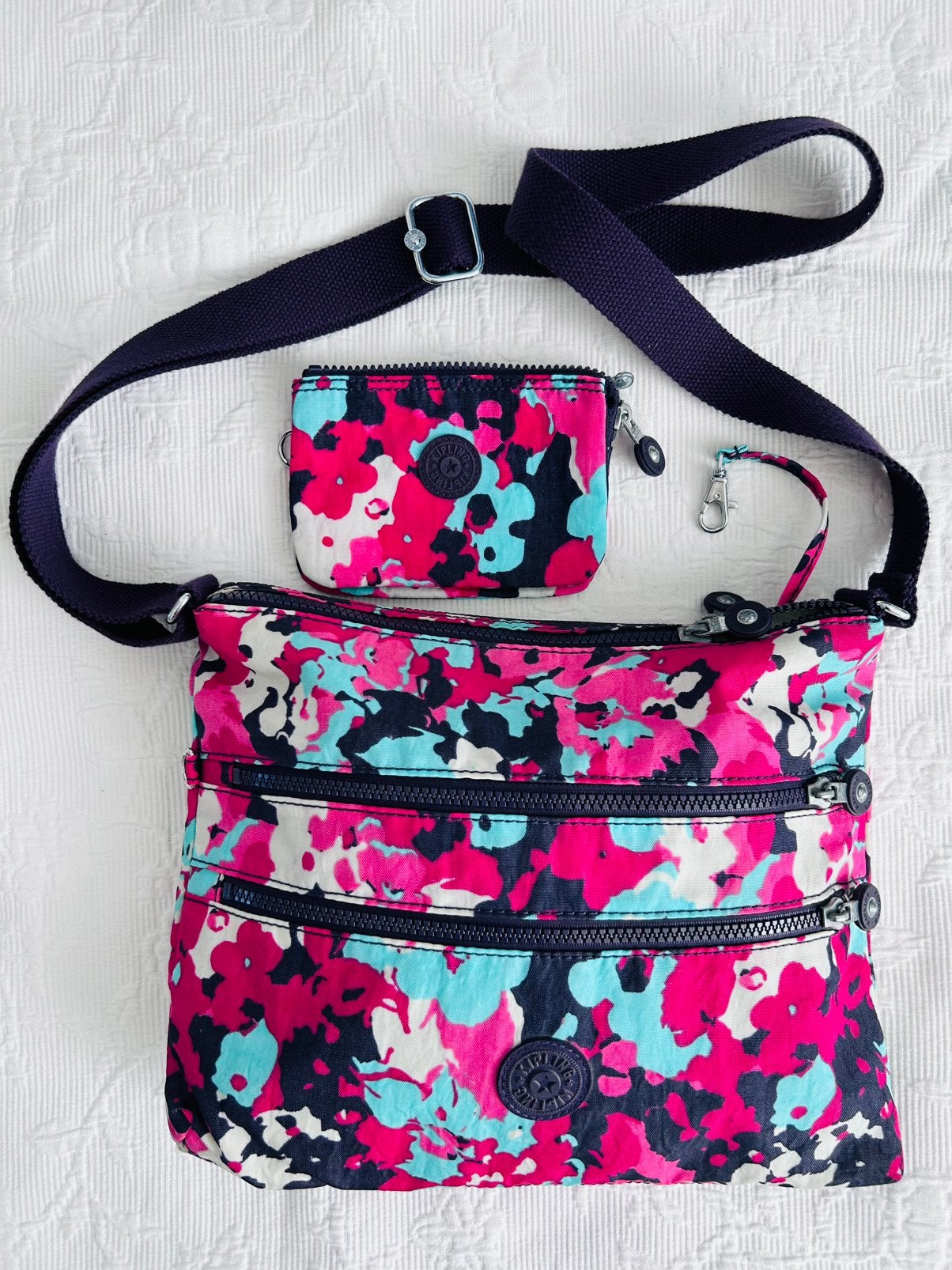 Kipling Alvar Schoudertas+Portemonnee Bloesemprint Als nieuw, Ophalen of Verzenden, Zo goed als nieuw, Roze, Kipling