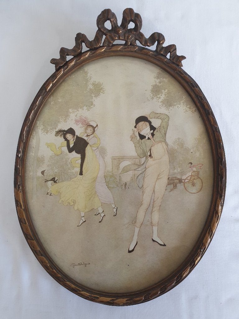 Prent Jean Dulac (1902 - 1968) in brocante lijst met bolglas, Ophalen of Verzenden