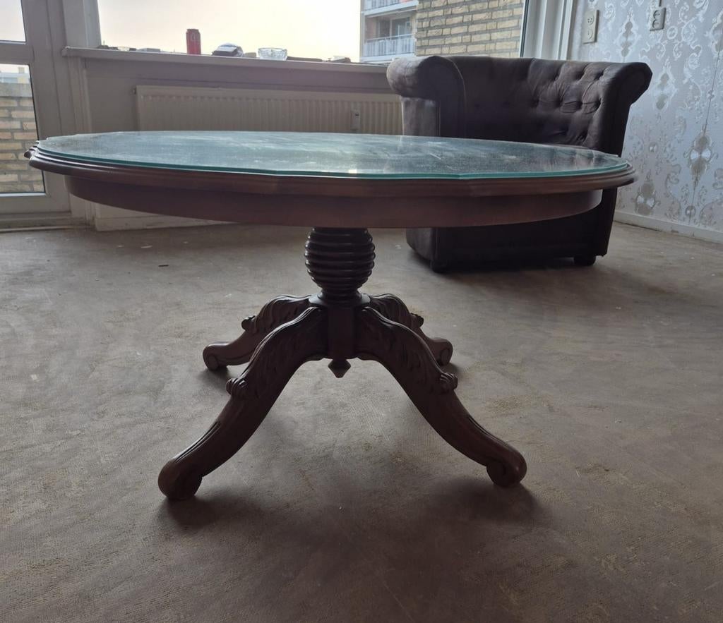 Wortelnoten salontafel met dikke glasplaat, Ophalen, 50 tot 75 cm, Rond, 50 tot 100 cm