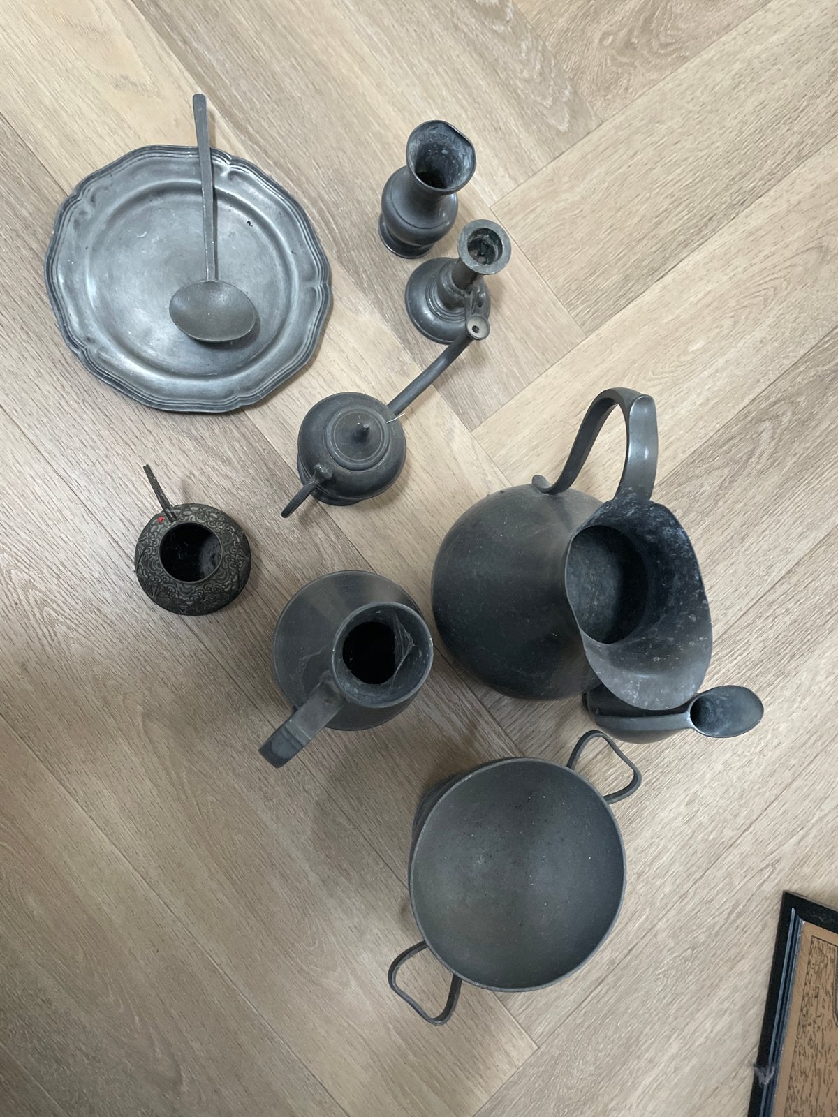 Antieke tinnen collectie: bord, lepel, vazen, theepot en mee, Antiek en Kunst, Antiek | Tin, Ophalen