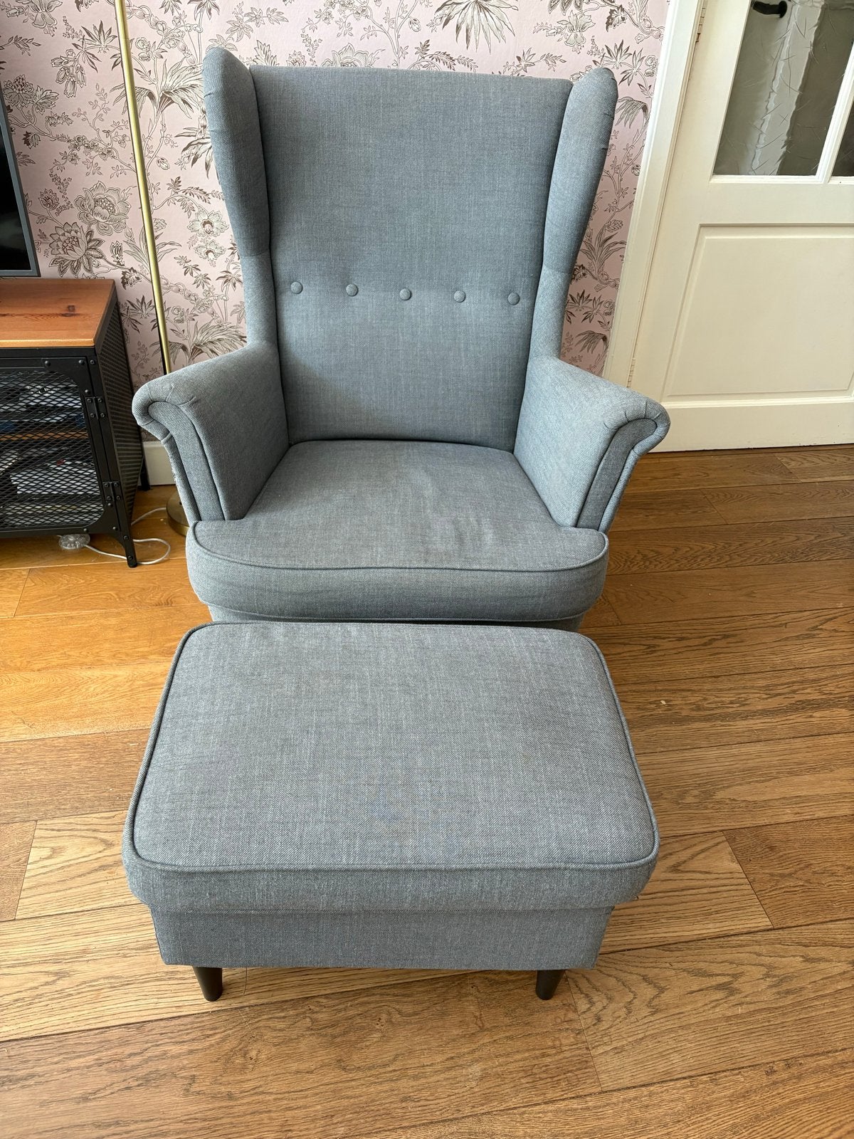 IKEA Strandmon fauteuil + voetenbank, Ophalen, Gebruikt, Stof, 75 tot 100 cm